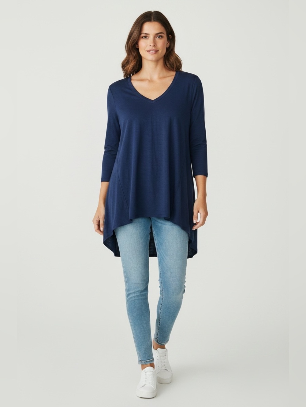 2/$30 Chico's Ultimate Tee Navy V-Neck High-Low Tunic Top